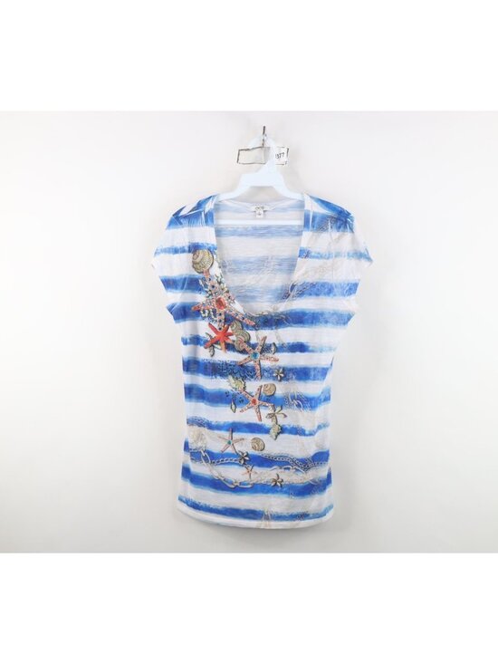 Vintage Y2K Cache Women Large Babydoll Beach Chain All Over Print T-Shirt USA - Picture 1 of 14